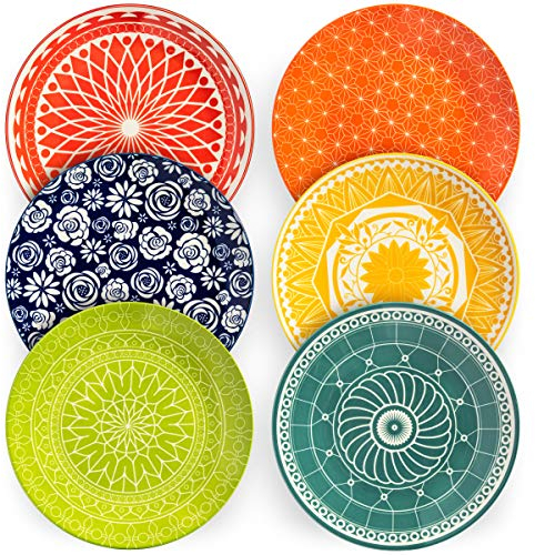 Annovero Dinner Plates - Mismatched Colorful Dinnerware Set of 6 - Fun Decorative Cute Boho Kitchen Dishes - Zero Lead & Cadmium - 10.5 Inch Diameter