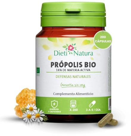 Dieti Natura Própolis BIO 200 Cápsulas 18% Materia Activa - Propóleo Puro Natural para Defensas Inmunitarias Adultos - Propiedades Antibacterianas y Antioxidantes - Producto de Colmena con Certificado