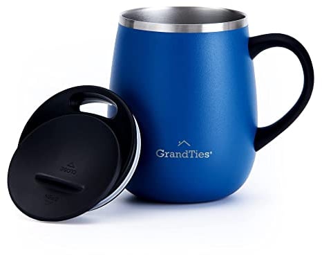 Grandties Thermo Kaffeebecher mit Griff -Schiebedeckel für Spritzschutz 460 ml Weinglasform Coffee To Go Becher Kaffeebecher To Go,Doppelwand-Edelstahl Hält Getränke Warm oder Kalt-Blau