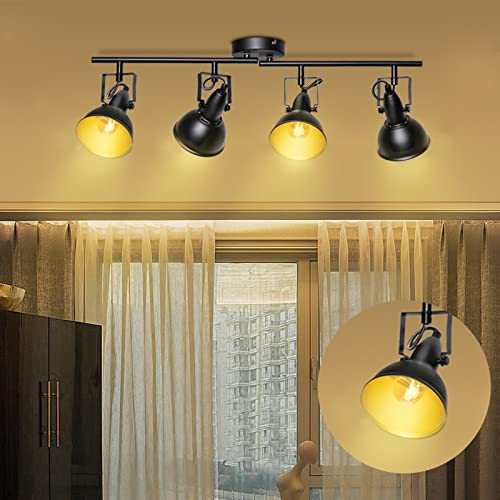 Unikcst Deckenstrahler 4 Flammig E14 Deckenlampe Schwarz Gold Spots Deckenleuchte Vintage Industrial Deckenspots Schwenkbar mit 4W LED Glühbirne Warmweiß 230V