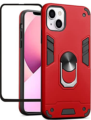 Folmecket iPhone 13 mini Case, With Screen Protector 360 Degree Rotating Metal Ring Shock Absorption Reinforced Corner TPU for iPhone 13 mini Case 5.4 (iphone 13 mini Red)