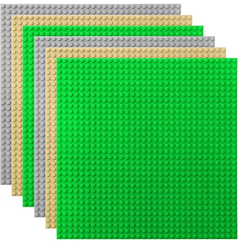 Lekebaby Classic Baseplates 10x10 Large Building Board Base Plates 100% Compatible with All Major Brands, 6 Pack,For Kids Over Three Years Old,Green/Light Grey/Sand