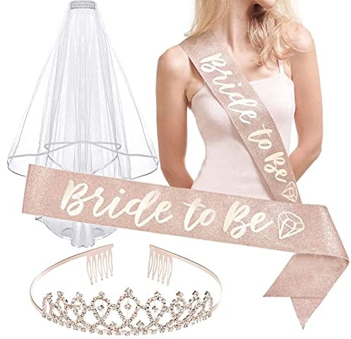 Bymivofun Bride to Be Schärpe Schleier Set, Hen Party Accessoires mit Bride to Be Tiara Sash Veil, für Braut, Bachelorette Party, Jungge sellinnenabschied, Brautparty, Hochzeit