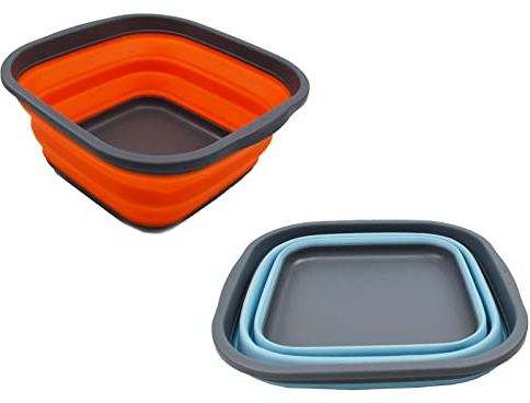SAMMART 5,5 l Set mit 2 faltbaren Wannen, Faltbare Geschirrwanne, tragbares Waschbecken, platzsparende Kunststoff-Waschwanne (Seeengel + Orange)