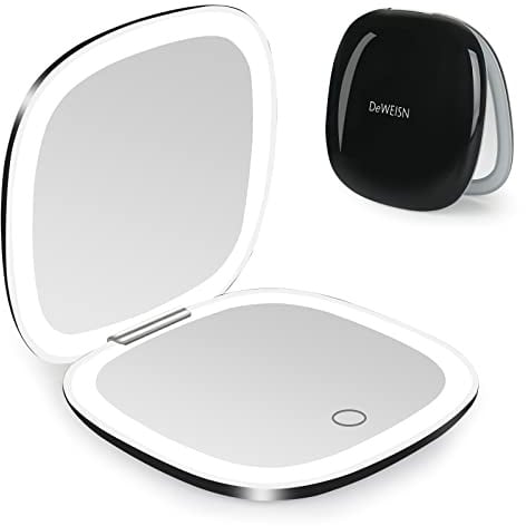 deweisn Compact Mirror, Lighted Travel Makeup Mirror with 1X/10X Magnifying Double Sided Dimmable Portable Pocket Mirror for Handbag, USB Charging(Black)