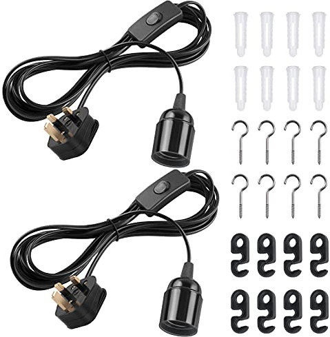 DiCUNO E27 Lampholder, Pendant Light Ceiling Lighting Fitting, Suspended Pendant Light Fitting Kit, Black, 4M, 2Packs