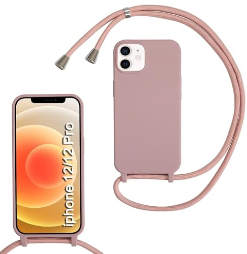 MBSLFY Silikon Handykette für iPhone 12/iPhone 12 Pro Hülle mit Band, Silikon Necklace Handyhülle mit Abnehmbar Kordel zum Umhängen Stossfest Bumper Handy Schutzhülle für iPhone 12, Hell Pink