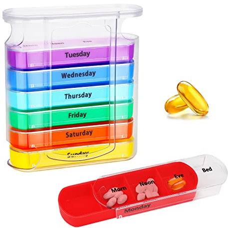 Pill Organiser 7 Day Pill Box 4 Times a Day - Weekly Tablet Organiser with 28 Compartments for Vitamin Medicines Supplements, Portable Medicine Storage Box Pill Case for Elderly Men Women Rainbow