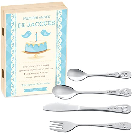 Maverton Set de Couverts De Table Bebe 1 An personnalisé - Coutellerie dans coffret imprimé - Couvert Enfant Inox Animal - Cadeau Enfant 1 anniversaire - Cadeaux bébé - Couverts gravés -PREMIER PAS