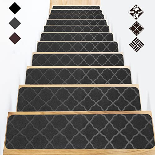 GOYLSER Stufenmatten Treppenstufen Matten Treppenteppich Selbstklebend Treppenmatten Anti-Rutsch Stufenteppich Rechteckig Rutschschutz Teppich für Kinder Haustiere Schwarz (76x20cm 15 Stück)