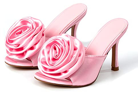 Sandales à Talon Haut pour Femmes, Sandales Sexy à Talon Aiguille Fleurs à Bout Rond Stiletto Mules pour la Fête et Le Mariage