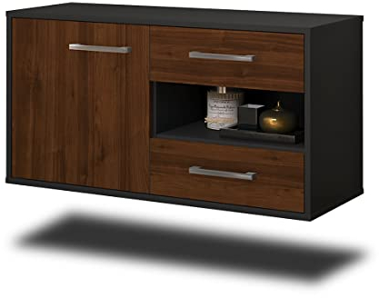Lqliving Lowboard - Unterschrank Charlotte, Wandmontiert, Korpus: anthrazit matt, Front: Holz-Design Walnuss (92x49x35cm), mit Metall Griffen, Made in Germany