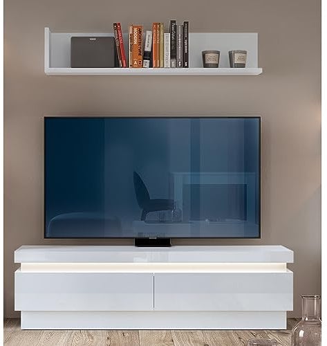 Lomadox Wohnzimmer TV-Möbel Set, Lowboard & Wandboard, in weiß Hochglanz mit indirekter Beleuchtung, B/H/T ca. 147/165/42 cm