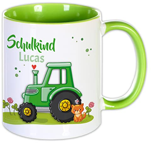 Unikatolo Tasse Schulkind mit Name personalisiert Geschenk Schulanfang Namenstasse Schulstart Kinder Schultüte Erste Klasse Jungs Einschulung Zuckertüte Kleinigkeit Mitbringsel (Traktor grün)