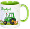 Unikatolo Tasse Schulkind mit Name personalisiert Geschenk Schulanfang Namenstasse Schulstart Kinder Schultüte Erste Klasse Jungs Einschulung Zuckertüte Kleinigkeit Mitbringsel (Traktor grün)