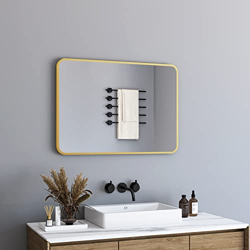 BD-Baode Wandspiegel 50x70 cm Gold Metallrahmen Wandspiegel Badspiegel Ohne Beleuchtung rechteckig Spiegel für Bäder, Schlafzimmer, Toiletten(Design mit Abgerundeten Ecken)