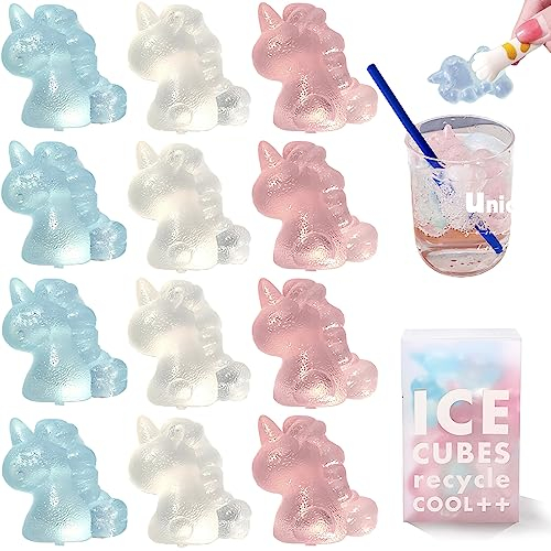 BPA Free Colorful Unicorn Plastic Ice Cubes, 12Pcs Non Melting Refreezable Ice Cubes, Suitable for Drinks, Whiskey & Coffee