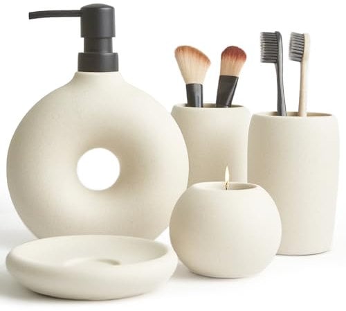 Terramoza Badezimmer-Zubehör-Set aus Keramik, 5-teilig, inklusive Seifenspender, Zahnbürstenbecher, Zahnbürstenhalter, Seifenschale und Kerzenhalter, Beige, Matte Glasur, ästhetische