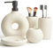 Terramoza Badezimmer-Zubehör-Set aus Keramik, 5-teilig, inklusive Seifenspender, Zahnbürstenbecher, Zahnbürstenhalter, Seifenschale und Kerzenhalter, Beige, Matte Glasur, ästhetische
