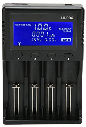 Universelles Ladegerät, LCD-Display, 4 Steckplätze, Kompatibel mit 26650 20700, AC 110–240 V Eingang (EU-Stecker)