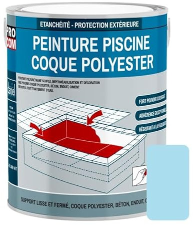 Peinture piscine coque polyester, béton, peinture piscine polyuréthane étanche et souple, haut de gamme PROCOM 3 Kg
