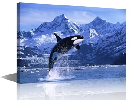 TISHIRON Jumping Killer Whales Wandkunst Orca Ozean Thema Bilder Druck auf Leinwand Ozean Tiere Moderne Kunst Wandkunst für Wohnzimmer Büro eingewickelt Poster und Drucke gerahmt fertig zum Aufhängen,