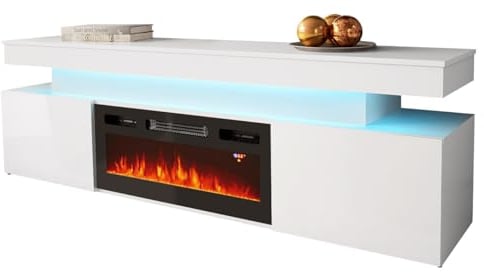 Mirjan24 TV Schrank Serkuzo EF 2D mit Elektrischem Kamin, Praktischer Fernsehschrank, TV Lowboard mit Grifflose Öffnen, Realistische LED-Flamme, Deko-Kristallen (Weiß/Weiß Hochglanz)
