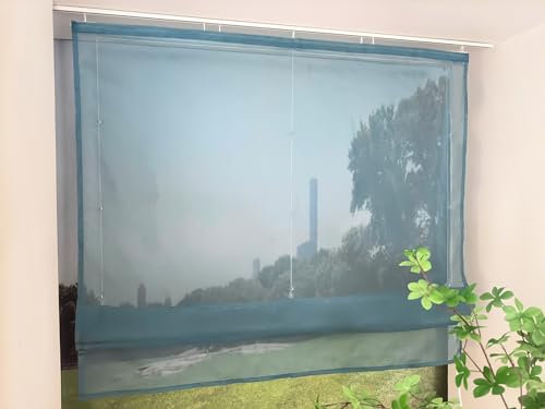 Devola Raffrollo Transparent mit Klettband Raffgardinen Modern Wohnzimmer Gardinen Einfarbig Bändchenrollo Landhaus Voile Vorhang Kurz HxB 140x80cm Türkis 1 Stück