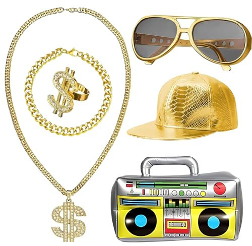 Hpbaggy 6 Pezzi Costume Hip Hop con Cappellino/Catena da Dollari/Anello Dollaro/Braccialetto Oro/Occhiali Dorati/Radio Gonfiabile,Accessori Rapper 80/90s per Carnival