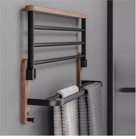 60cm Porte Serviettes Salle de Bain Mural Pliable Étagère Serviette avec Crochets,2 étages Sèche-Serviettes en Aluminium Bois Antirouille,Tiges Support-Rangement Serviette Salle de Bain Cuisine
