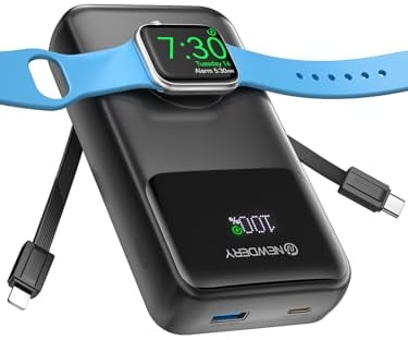NEWDERY 20000mAh Magnetic Power Bank para Apple Watch Cargador con cables, carga rápida Estación de carga USB C Paquete de baterías de viaje para iPhone de la serie 15/14/13/12, iWatch Ultra/9-1 negro