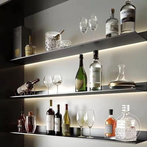 Schwimmende Aufbewahrungs-Wandregale, Weinflaschen- und Glas-Eisen-Ausstellungsständer, LED-Licht, kreative Metall-Ausstellungsregale, für Bar, Arbeitsplatte, Badezimmer, 1 Stück,150x23cm