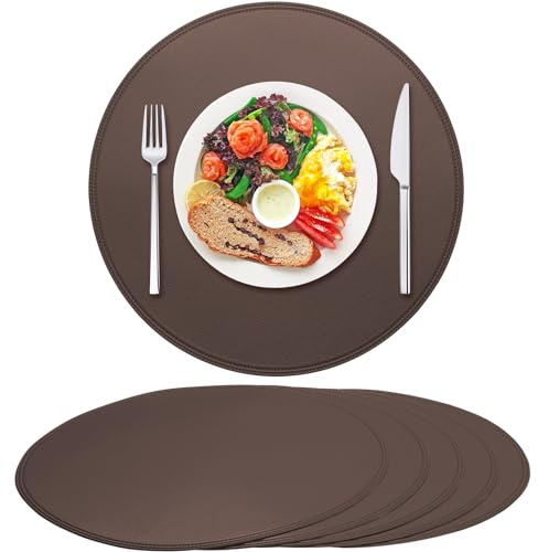 Rinpon Set di 6 tovagliette rotonde in finta pelle sintetica, spesse, lavabili, impermeabili, rotonde, vintage, graziose, antiscivolo, lavabili, resistenti all'olio, senza pieghe (Marrone scuro)