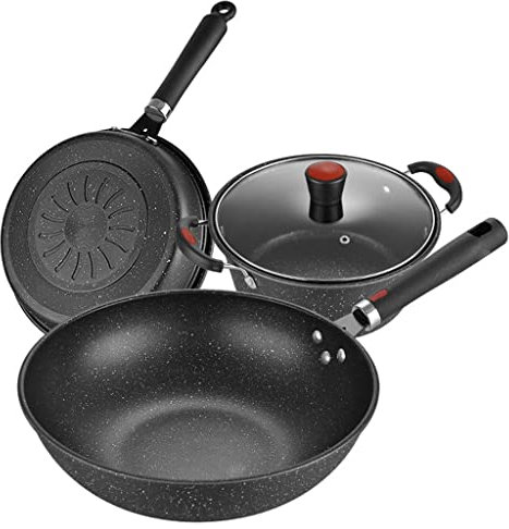 Household Set, Pots, Non-Stick Skillet, Frying Pan, Flat Iron Pan, Maifan Stone, Three Piece Pot Set, Combination Gift Pot (Color : A, Size
