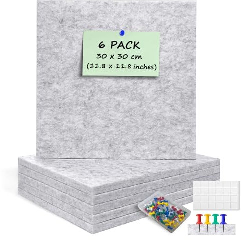 ANLIOTE 6 Pack Felt Pin Board Wall Tiles with 60 Pushpins, 12mm Thick Cork Notice Board with Removable Adhesive Tapes, Felt Bulletin Squares Wall Decor for Home Bedroom Office Classroom (Light Grey)
