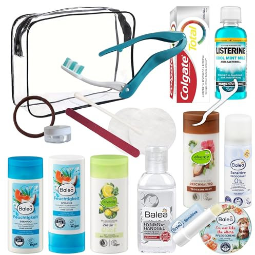 Travel Essentials im Handgepäck-freundlichen Pflege-Set – Transparente Kulturtasche gefüllt mit kleinen Kosmetik Produkten – Ideal als Carry-on Reisegrößen Set für die Flugreise (Frauen)