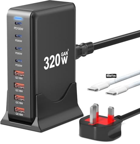 320W USB-C Fast Charger Block:Upgraded GaN III,8 Port USB C Charging Station Hub with PD 100W Desktop Charger Compatible with iPhone, Samsung, MacBook,and More
