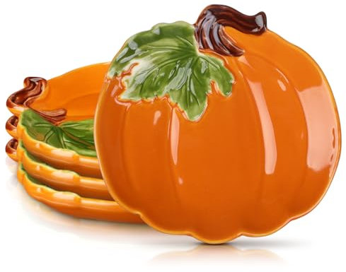 FillTouch 4 Pcs 5.91'' Ceramic Pumpkin Plates Thanksgiving Fall Platters Candy Dishes Harvest Serving Bowl for Thanksgiving Halloween Autumn Orange Party Supplies Dinnerware