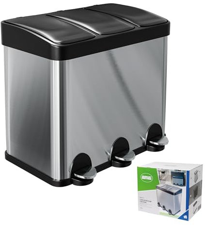 Amig - Triple Pedal Bin 45 litres Mod. RECIK3-3 Removable 15-Litre Compartments - Kitchen Recycling Bin - Stainless-Steel - 60 x 37 x 49 cm - Silver