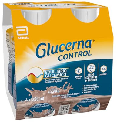 Glucerna Control | Equilibrio Glicemico | Pasto Sostitutivo con Basso Contenuto di Zuccheri| Confezione 4x220 ml, Gusto Caffè