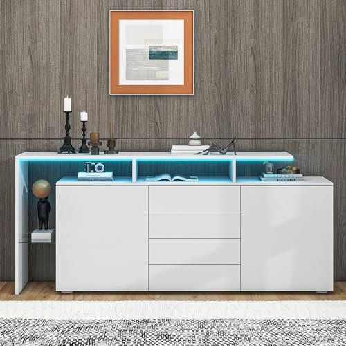Kommode, Sideboard mit LED, Wohnzimmermöbel in Weiß Hochglanz, Wohnzimmerschrank, Standschrank, TV-Schrank, Wohnzimmerwand, Highboard, Mehrzweckschrank, LED-Vitrine, Buffetschrank Esszimmer (Weiß)