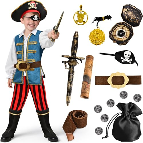 Mishopy Deguisement Pirate Enfant Costume Pirate avec Chapeau Ceinture Cache-œil Compass Bandana Boucle d'Oreille Carte Carnaval Halloween Costume pour Enfants Garçon 3 4 5 6 7 8 9 10 11 Ans