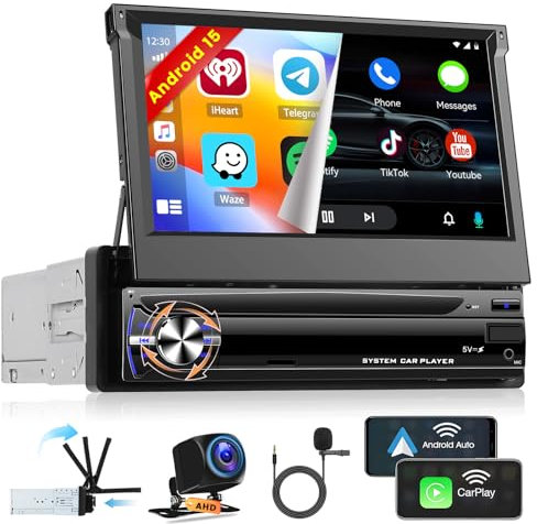 Hikity [4+64GB] Android 15 Autoradio, CarPlay Android Auto Inalámbrico, Pantalla IPS Retráctil Manual 7 Pulgadas Bluetooth Mirror Link GPS EQ WiFi FM RDS USB MIC AI DSP