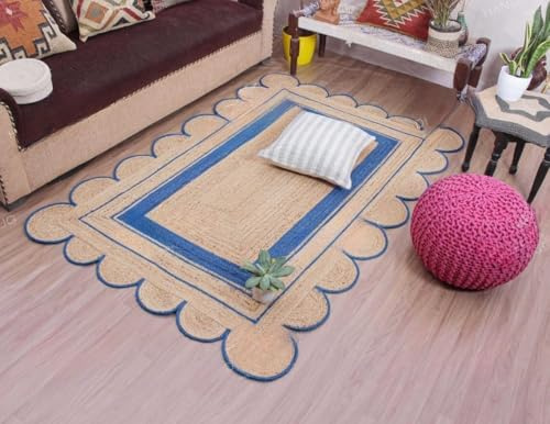 DecorAvenue Indian Hand Woven Jute Rug Casserole Pattern Carpet for Living Room Dining Kitchen Blue (90cm x 540cm)