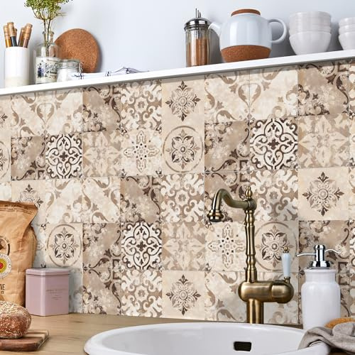 Ntrniva 15x15cm Victorian Tile Stickers, Khaki, 24pcs | Peel & stick, waterproof, oil-proof, 15cm tiles, 24pcs, kitchen, bath, fireplace. Victorian, removable, heat-resist.