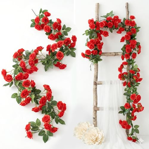 Qivra 2 Stück Blumengirlande Künstlich Rot, 1,8 Meter Künstliche Rosen Wie Echt, 138 Rosen Blumengirlande Rosarot für Hochzeit Tischdeko Party Garten Dekor