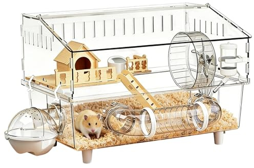 Großer Hamsterkäfig 2 Etagen - Transparentes Acryl Hamsterhaus (45x30x34cm) - Nagerkäfig mit Rundum-Sicht für Zwerghamster & Mäuse - Stabiler Kleintierkäfig für Zuhause & HaustierLiebhaber