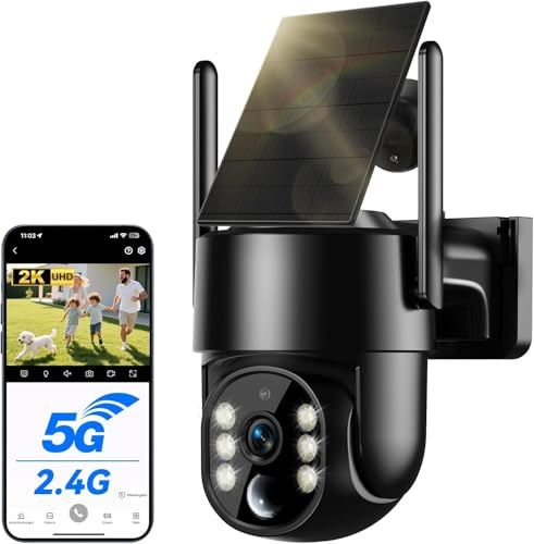 WESECUU Telecamera WiFi Esterna senza Fili Solare 2.5K 4MP con Pannello Solare 5W, Wi-Fi 2.4G e 5GHz, Registrazione Continua 24/7, Batteria 8000mAh, Monitoraggio Automatico PTZ a 360°, IP66, PIR