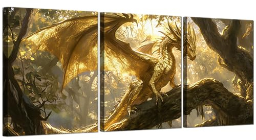 CXHOSTENT Fantasy-Wanddeko, 3-teiliges Drachen-Leinwandbild-Set, mythische Poster, Tierbilder, Drucke, Kinderzimmer- und gerahmt (30x40cmx3)