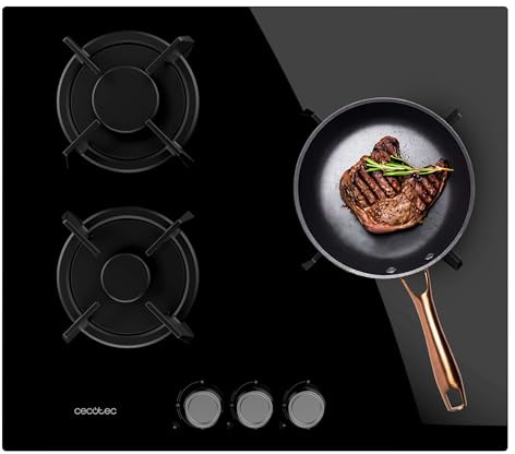 Cecotec Placa de Gas 3 Fuegos Bolero Squad GN 3200S Glass Black. 6,25kW, Preparada para Gas Natural, Cristal Negro, Parrillas Individuales de Hierro Fundido, Quemador Wok, Seguridad Válvulas